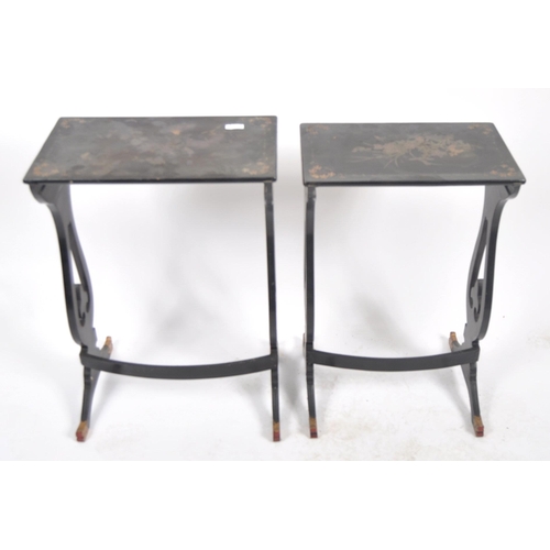 508 - A 19th century Chinese chinoiserie black lacquer nest of tables. Each  table with rounded rectangula... 