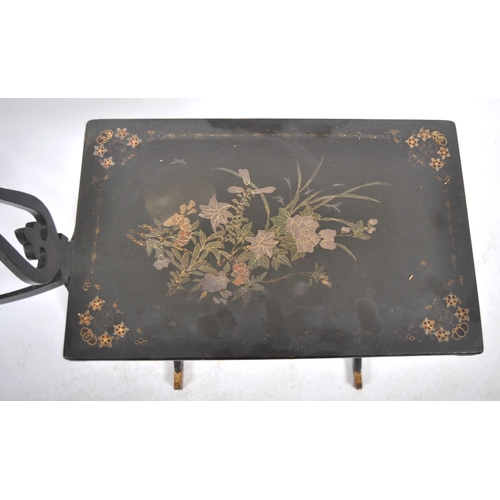 508 - A 19th century Chinese chinoiserie black lacquer nest of tables. Each  table with rounded rectangula... 