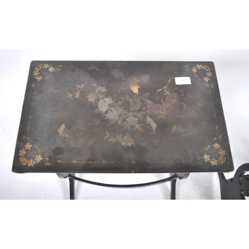 508 - A 19th century Chinese chinoiserie black lacquer nest of tables. Each  table with rounded rectangula... 