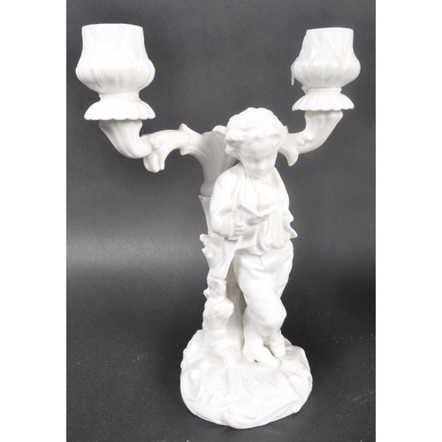 519 - A pair of early 20th Century Parian ware blanc de chine porcelain figural candlesticks in the manner... 