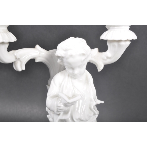 519 - A pair of early 20th Century Parian ware blanc de chine porcelain figural candlesticks in the manner... 