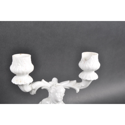 519 - A pair of early 20th Century Parian ware blanc de chine porcelain figural candlesticks in the manner... 