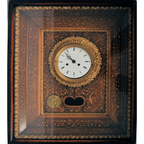 524 - A 19th century French marquetry inlaid wall clock. With walnut marquetry inlays of leaves and flower... 