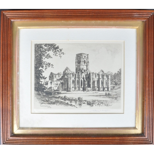 537 - 19th Century Etching of Fountains Abbey York, signed by artist Albany Edwards to the lower right, wi... 