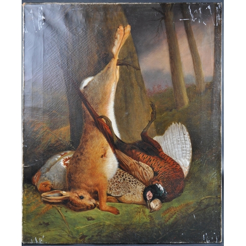 541 - A 19th Century oil on canvas still life painting depicting game. Features multiple brace of pheasant... 