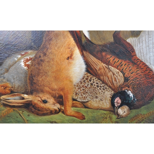 541 - A 19th Century oil on canvas still life painting depicting game. Features multiple brace of pheasant... 