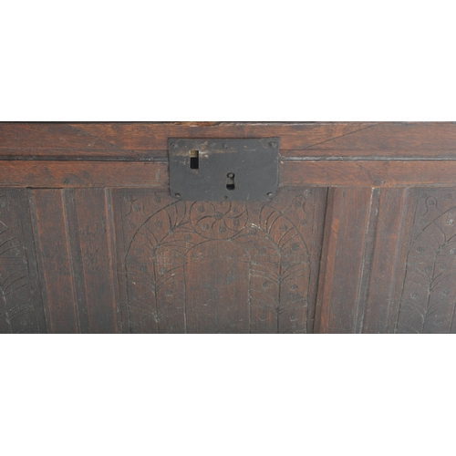 55 - A 19th Century carved oak coffer blanket box storage chest trunk. Carved fielded panels to the front... 