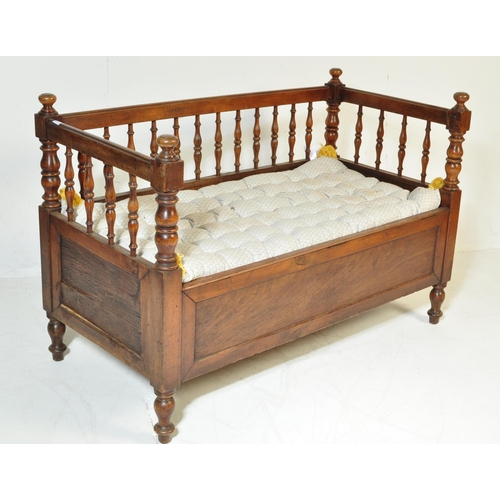 554 - 19th century Victorian mahogany cot / child's crib bench. Turned column gallery throughout with cush... 