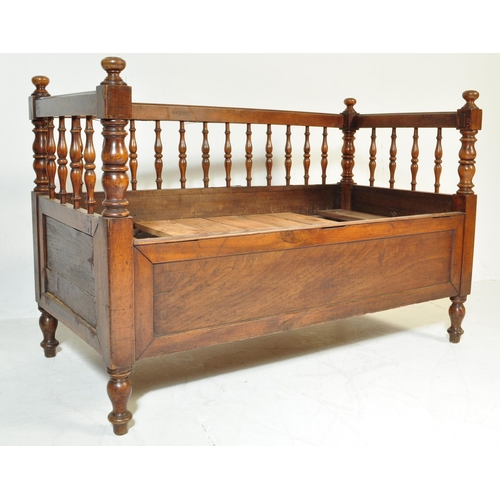 554 - 19th century Victorian mahogany cot / child's crib bench. Turned column gallery throughout with cush... 