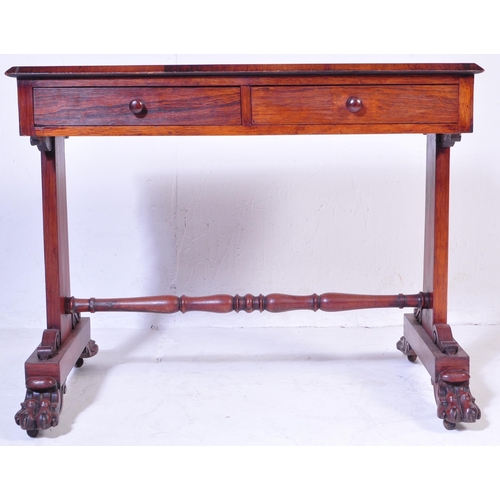 566 - A 19th Century William IV Rosewood writing table desk. Chamfered edge writing table top with twin dr... 