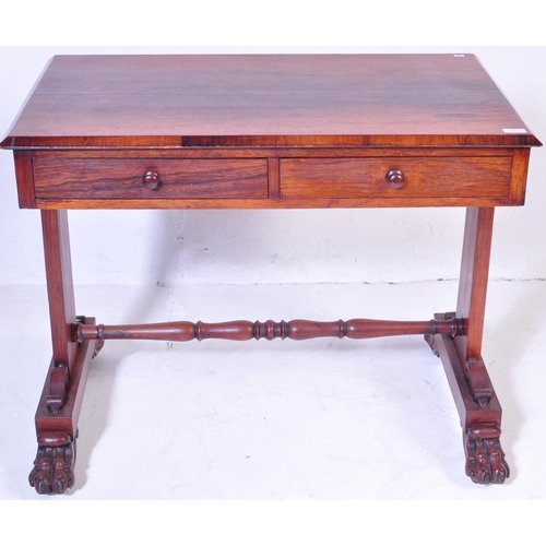 566 - A 19th Century William IV Rosewood writing table desk. Chamfered edge writing table top with twin dr... 