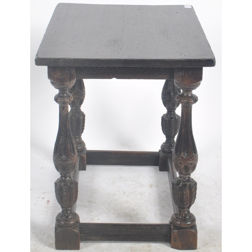 57 - A 17th Century carved oak side table lowboy table. Square table top with carved frieze decorated wit... 