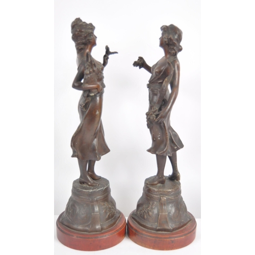 582 - A pair of 19th Century French Art Nouveau spelter figures depicting classical ladies in full garment... 