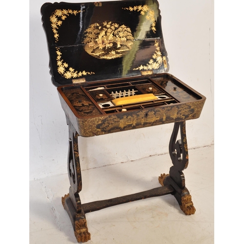 588 - A mid 19th Century Chinese black lacquer work table / sewing box on stand. Black lacquer ground with... 