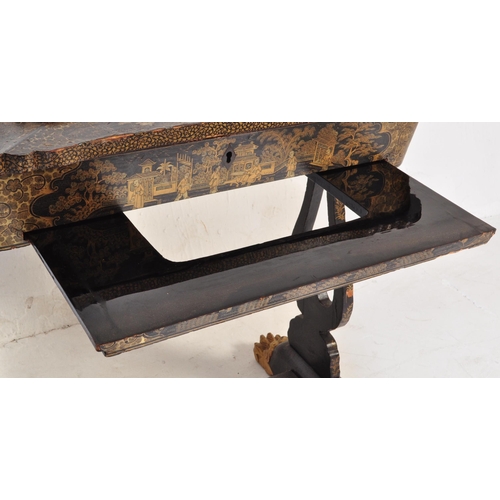 588 - A mid 19th Century Chinese black lacquer work table / sewing box on stand. Black lacquer ground with... 