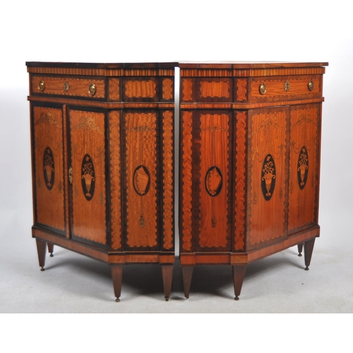 596 - A pair of 19th Century French inlaid satinwood encoignure corner cabinets having fitted central draw... 