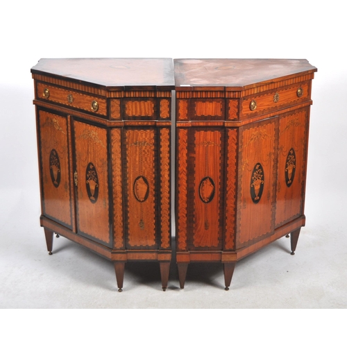 596 - A pair of 19th Century French inlaid satinwood encoignure corner cabinets having fitted central draw... 