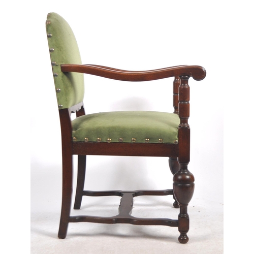 599 - A 19th Century Victorian mahogany armchair / arm chair. Green upholstery to the backrest and seat wi... 