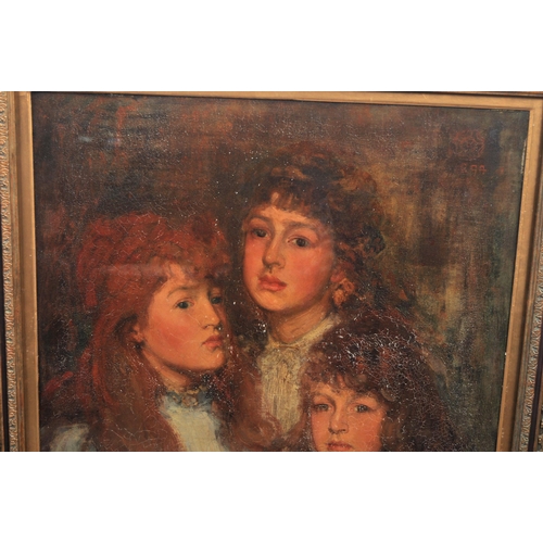 613 - A 19th Century oil on canvas portrait painting study depicting three young ladies. The painting set ... 