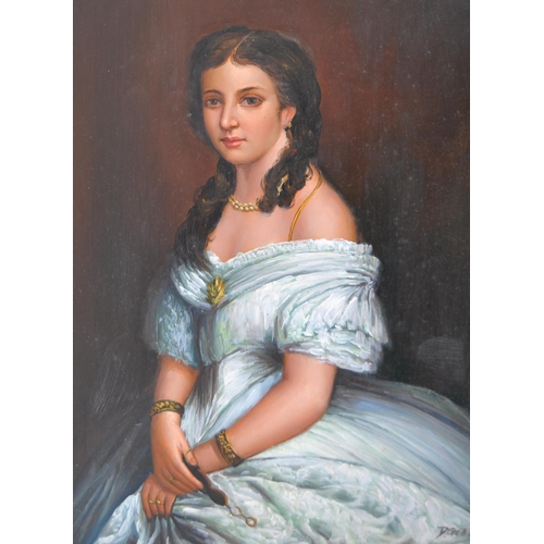 625 - D Goetz - A 20th century oil on board painting portrait 3/4 study of young lady stood in a flowing b... 