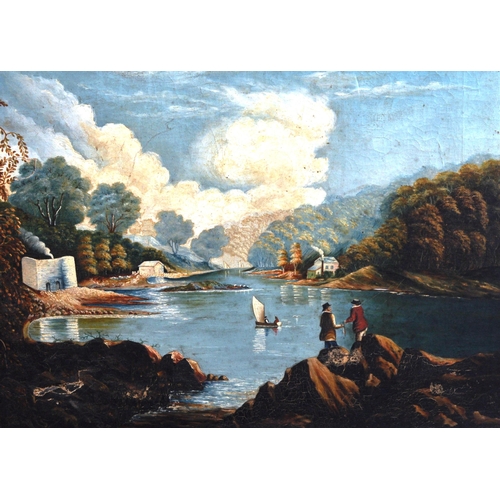 655 - An 18th Century oil painting depicting a European landscape study scene. Depicts a lake with figures... 