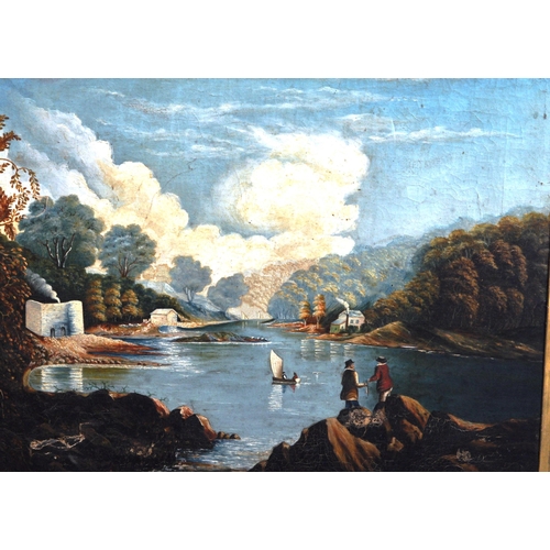 655 - An 18th Century oil painting depicting a European landscape study scene. Depicts a lake with figures... 