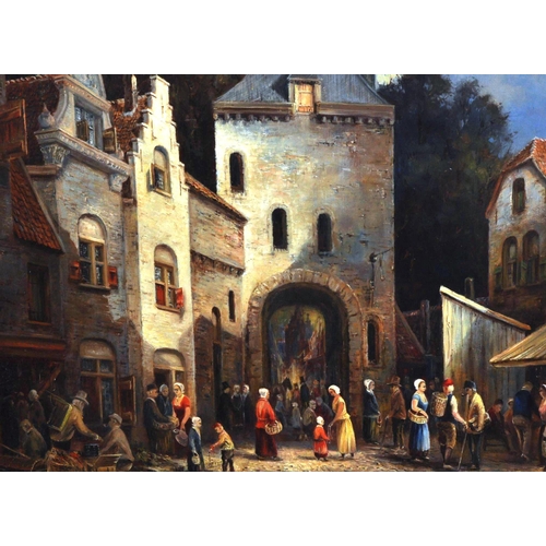 657 - An early 20th Century oil on canvas painting depicting a 17th Century Dutch market scene. The busy s... 