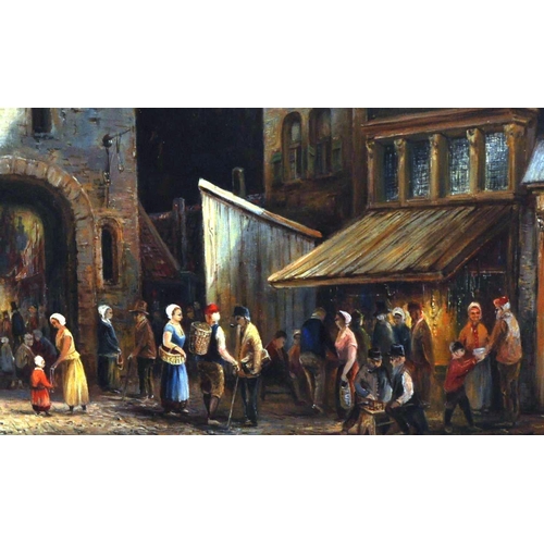 657 - An early 20th Century oil on canvas painting depicting a 17th Century Dutch market scene. The busy s... 