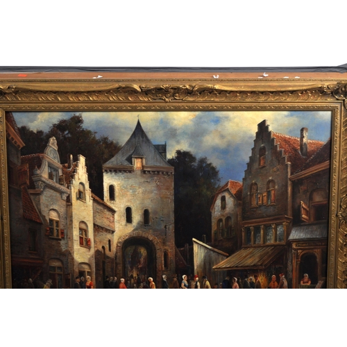 657 - An early 20th Century oil on canvas painting depicting a 17th Century Dutch market scene. The busy s... 