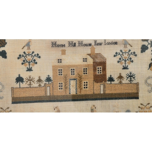 679 - A 19th Century Victorian worked sampler depicting Horse Hill House near London by Jane Bird aged 11 ... 