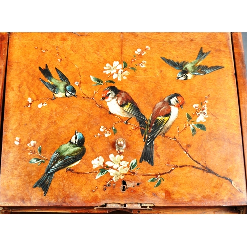 69 - A 19th Century walnut humidor box of unusual form having hand painted decoration depicting birds on ... 