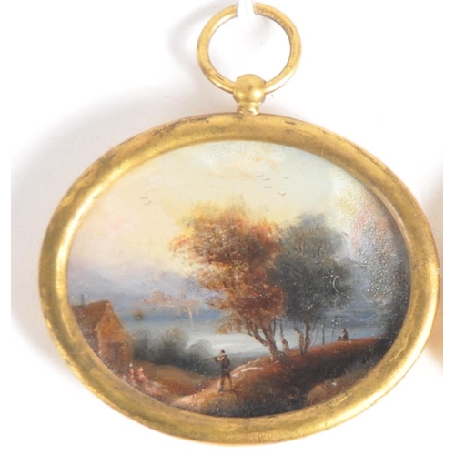 690 - A pair of 19th Century landscape oil miniature paintings. Both depicting landscape scenes with trees... 