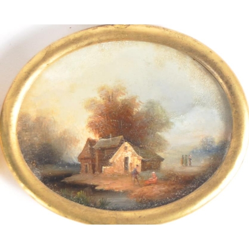 690 - A pair of 19th Century landscape oil miniature paintings. Both depicting landscape scenes with trees... 