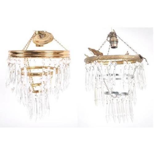 698 - Two early 20th Century gilt brass and glass empire drop lights / ceiling chandeliers electroliers. G... 