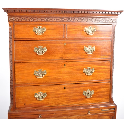 73 - An 18th Century George III mahogany chest on chest of drawers. Carved dentil work pediment top with ... 