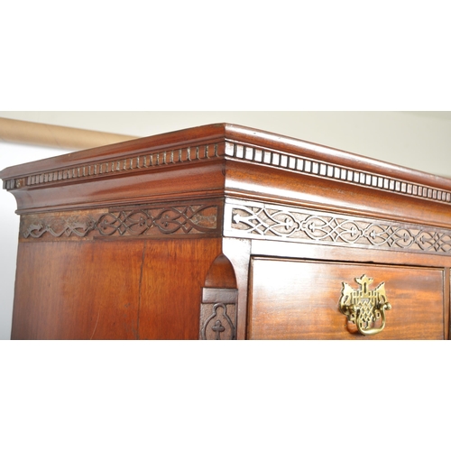 73 - An 18th Century George III mahogany chest on chest of drawers. Carved dentil work pediment top with ... 