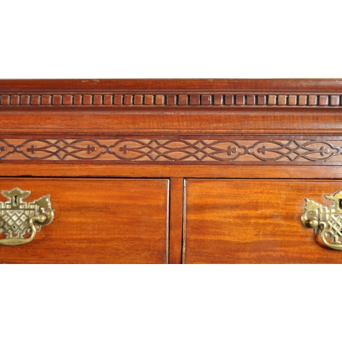 73 - An 18th Century George III mahogany chest on chest of drawers. Carved dentil work pediment top with ... 