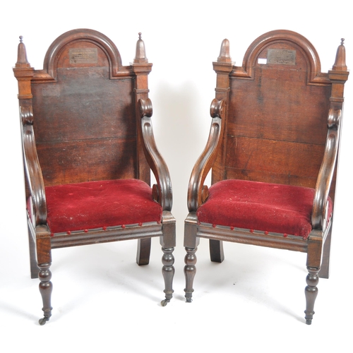 77 - A pair of large 19th Century Gothic ecclesiastical oak throne chairs in the manner of Pugin. Arched ... 