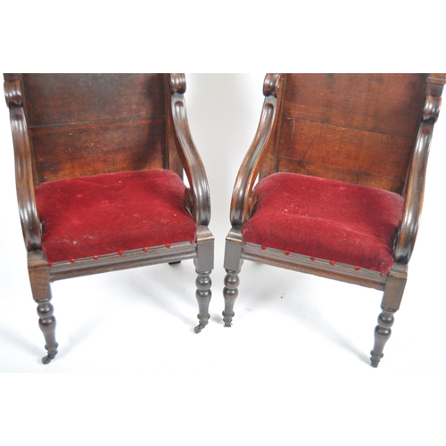 77 - A pair of large 19th Century Gothic ecclesiastical oak throne chairs in the manner of Pugin. Arched ... 