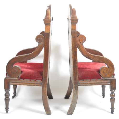 77 - A pair of large 19th Century Gothic ecclesiastical oak throne chairs in the manner of Pugin. Arched ... 