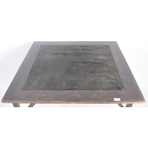 79 - An early 20th Century Art Deco Chinese Chinoiserie folding games card table. Square form with black ... 