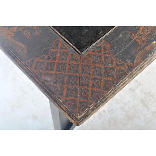 79 - An early 20th Century Art Deco Chinese Chinoiserie folding games card table. Square form with black ... 