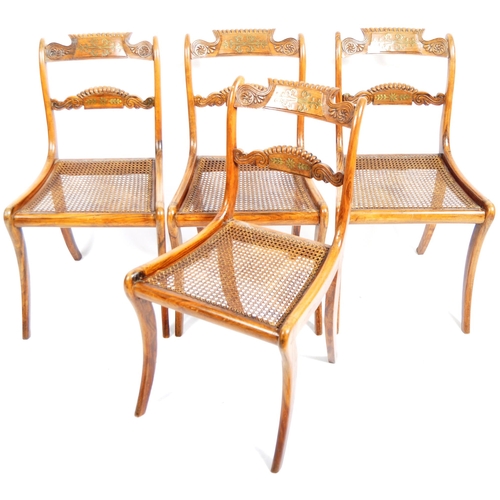 83 - A set of four early 19th Century Regency rosewood bar back dining chairs having carved brass inlaid ... 