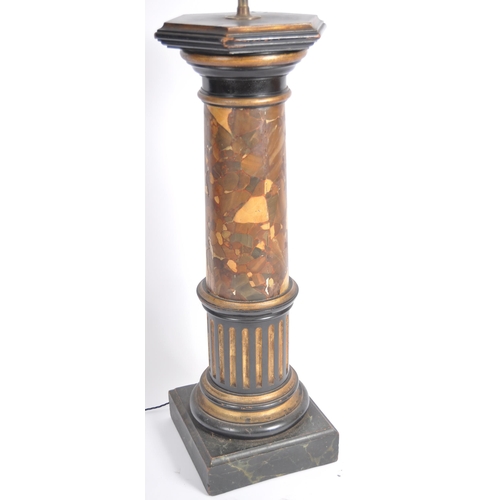 87 - An early 20th Century column form wooden faux marble standard light lamp. Large fixture to top with ... 