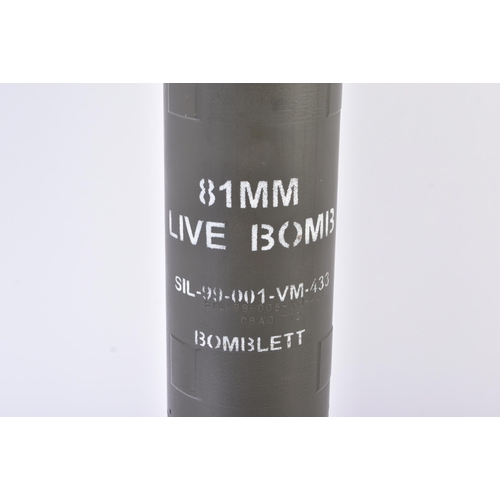 116 - A vintage 1990 (1998) 81mm Mortar Bomb projectile. The body marked 81mm Live Bomb SIL-99-001-VM-433.... 