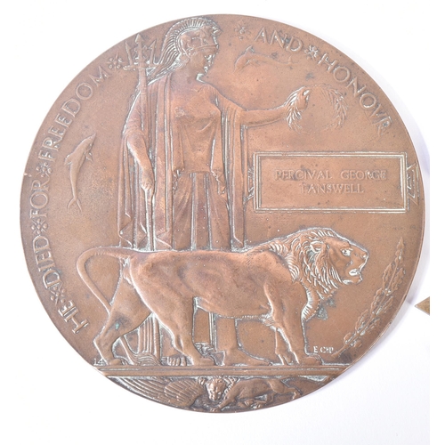 19 - A WWI First World War British medal trio and death plaque for one 11767 Pte P.G Tanswell of the King... 