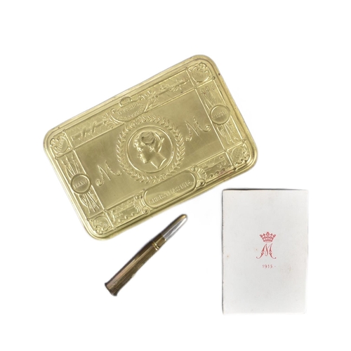 28 - A WWII Second World War Princess Mary Christmas tin with greeting card and a bullet pencil engraved ... 