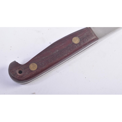 304 - A 20th Century vintage hunting knife. Hooked wooden grip secured with two rivets and a clipped blade... 