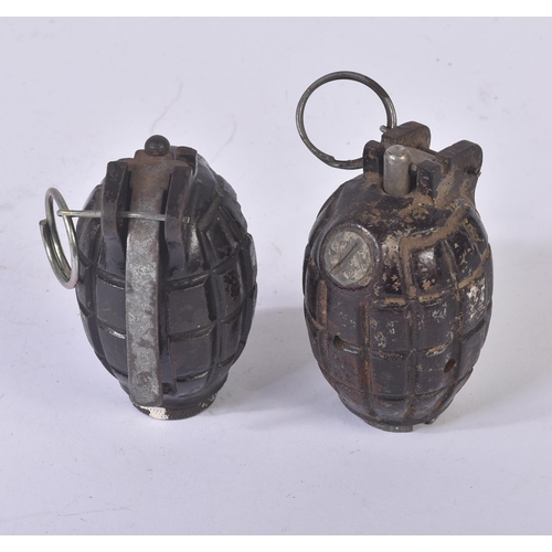 32 - Two original WWII Second World War British Army issue mills bomb hand grenade. One a complete exampl... 