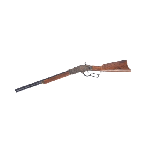 378 - A vintage replica US United States style Winchester rifle. Hexagonal barrel with hunting scenes on t... 